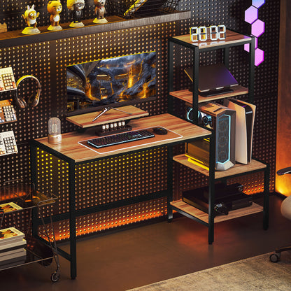 HOMCOM Computertisch mit Monitorständer, Schreibtisch mit 4-stufigem Regal, Industrielles Design, Braun