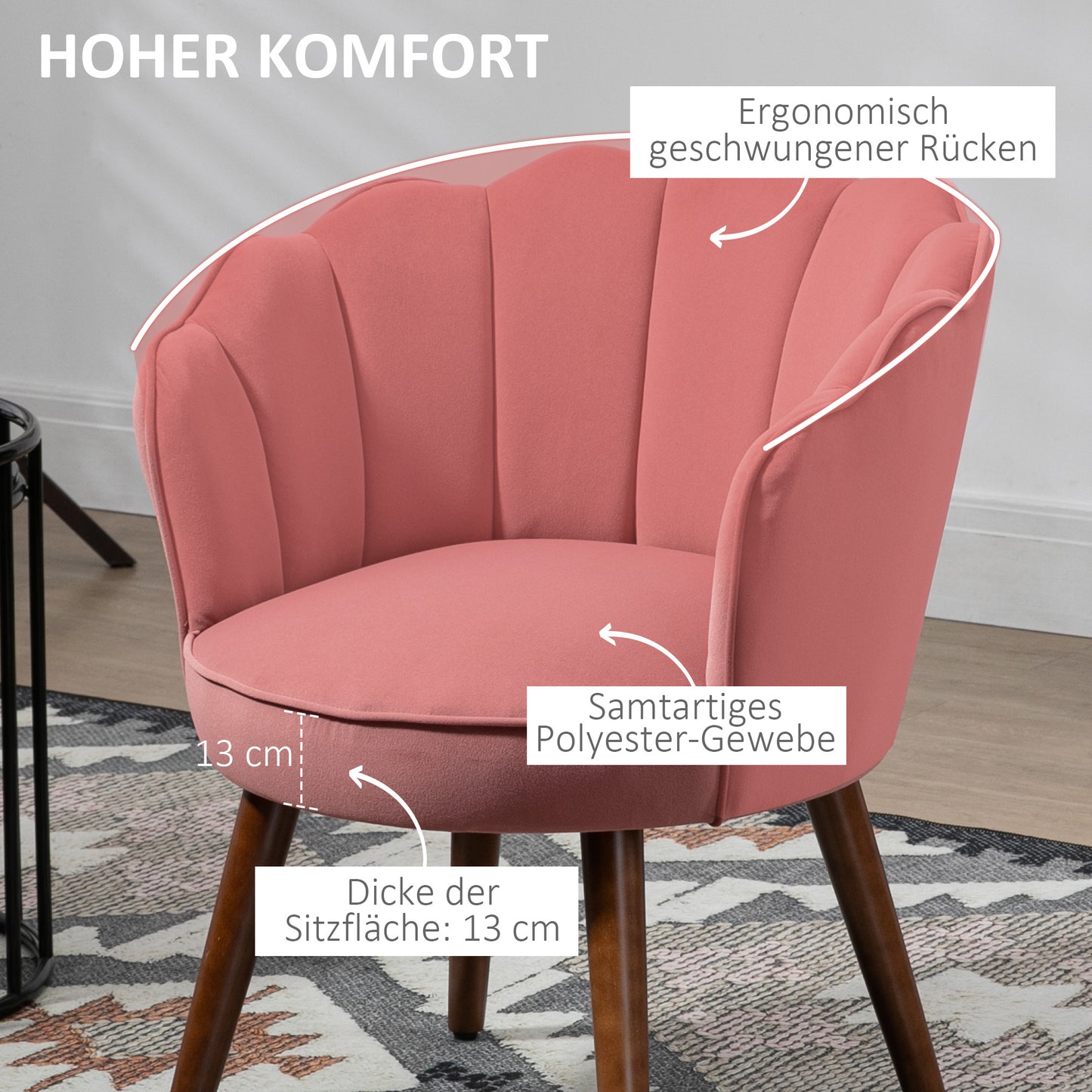 HOMCOM Sessel Wohnzimmer Loungesessel in Muschelform Relaxsessel mit Holzbeine, Polstersessel Lesesessel mit Samtoptik, Polsterstuhl für Schlafzimmer Rosa