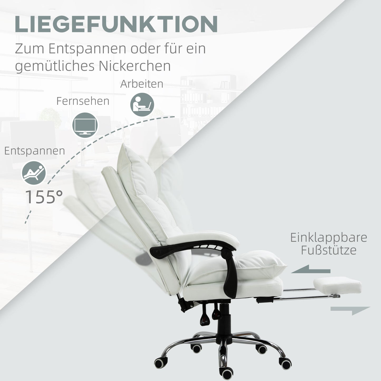 Vinsetto Bürostuhl mit Liegefunktion, ergonomisch höhenverstellbar mit Fußstütze, gepolstert, bis 135 kg belastbar, 66 x 72 x 122-130 cm, Weiß