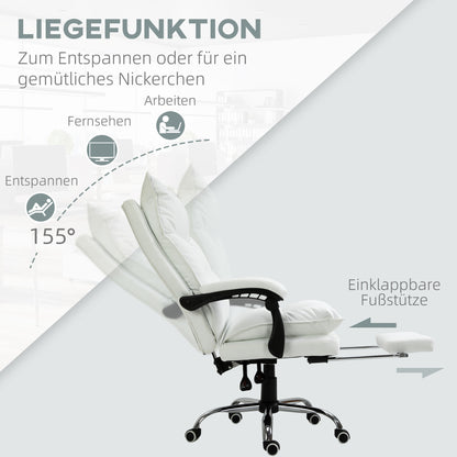 Vinsetto Bürostuhl mit Liegefunktion, ergonomisch höhenverstellbar mit Fußstütze, gepolstert, bis 135 kg belastbar, 66 x 72 x 122-130 cm, Weiß