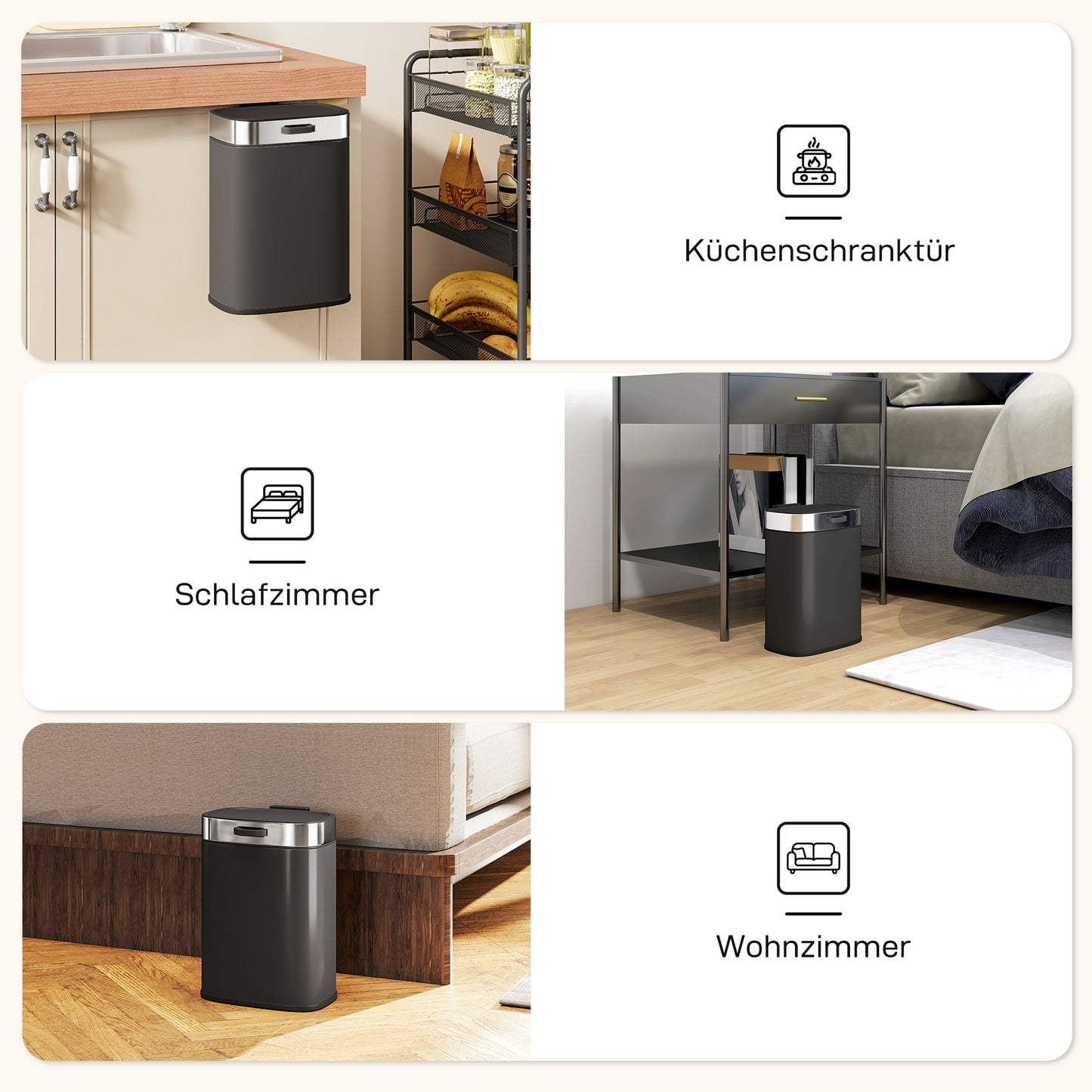 HOMCOM Mülleimer, Edelstahl Küchenmülleimer mit offen bleibendem Deckel, herausnehmbarer Inneneimer, 21,5x19,5x30 cm, Schwarz