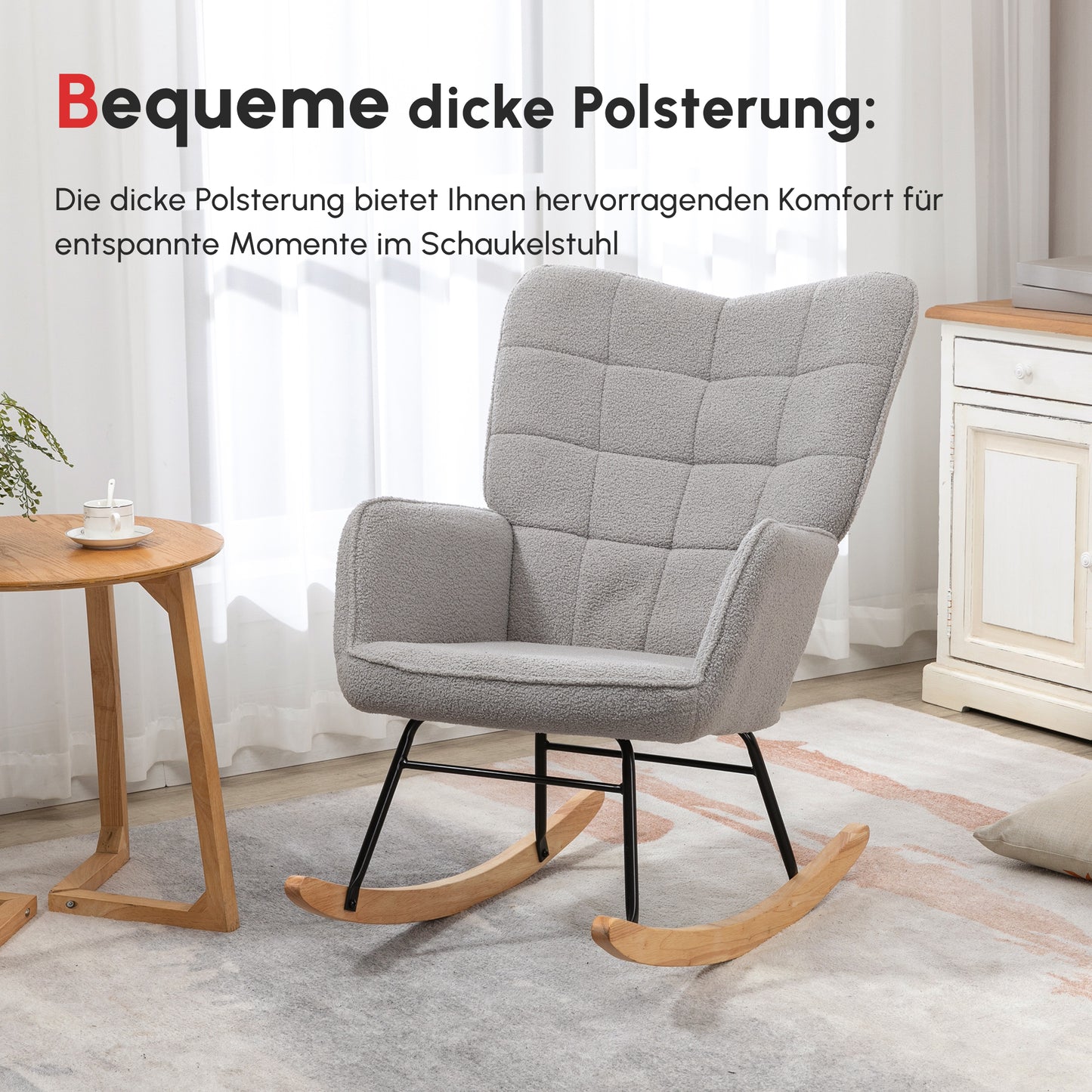 HOMCOM Schaukelstuhl im Retro-Design, Massivholz, Schwingsessel, 71 cm x 92 cm x 101 cm, Hellgrau