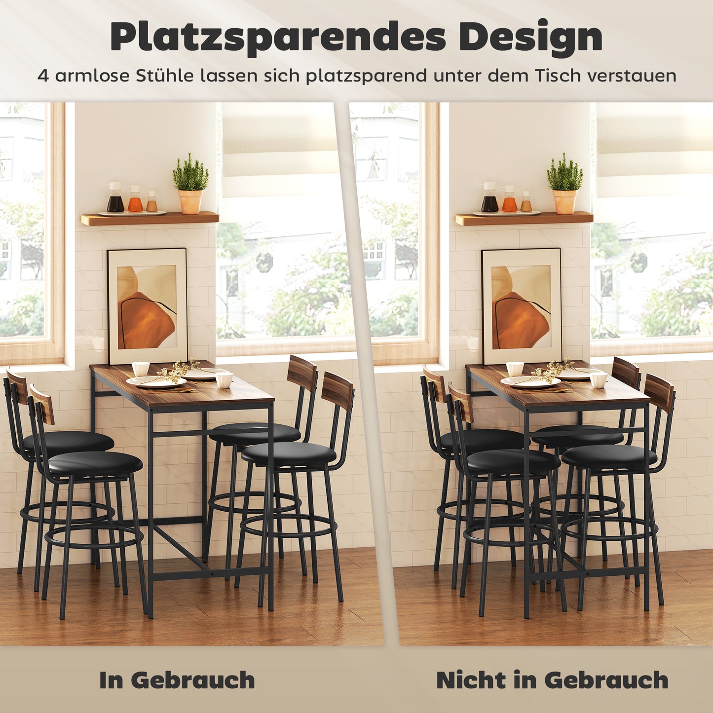 HOMCOM 5-teiliges Bartisch-Set mit 4 Stühlen, Industrielles Design, für Küche, Esszimmer, Holz, Stahl, Braun