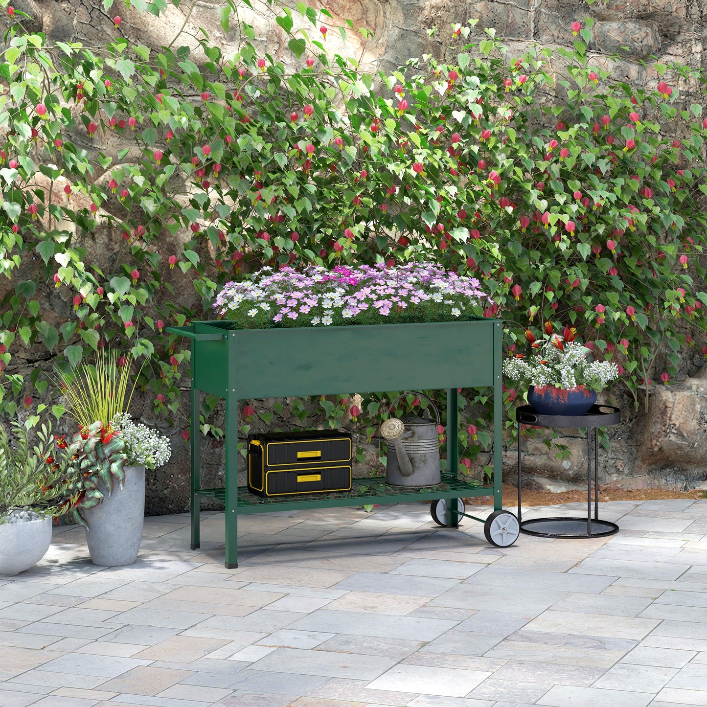 Outsunny Hochbeet Pflanzbeet Pflanzkasten, 1 Ablage, 2 Rollen, 109 cm x 44 cm x 80 cm, Grün