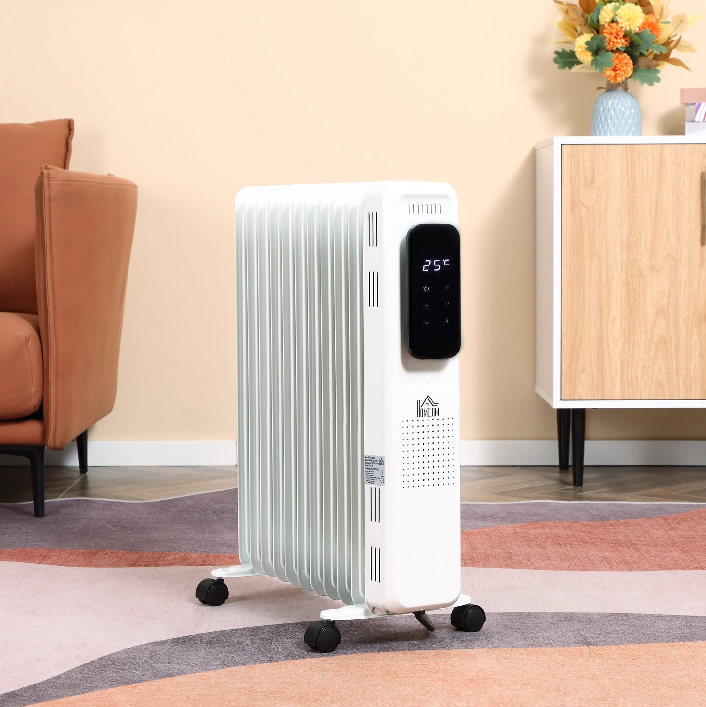 HOMCOM Ölheizung, 2500W, 3 Heizstufen, Zeitschaltuhr, frei beweglich, Stahl, weiß, 50,5 x 24 x 63 cm