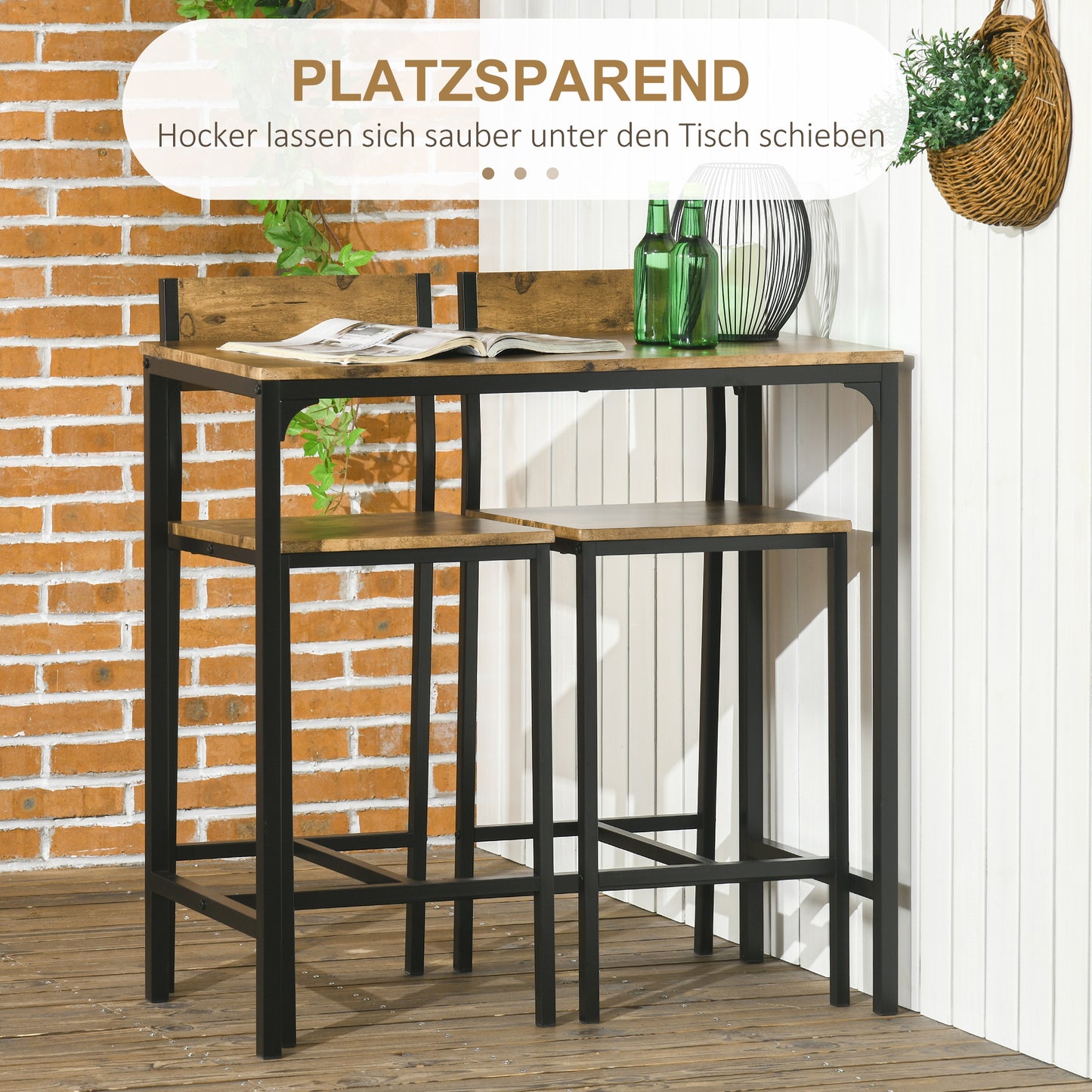 HOMCOM 3-teiliges Bar-Set, Stehtisch, 2 Stühle, MDF, Metallrahmen, wasserfest, Braun