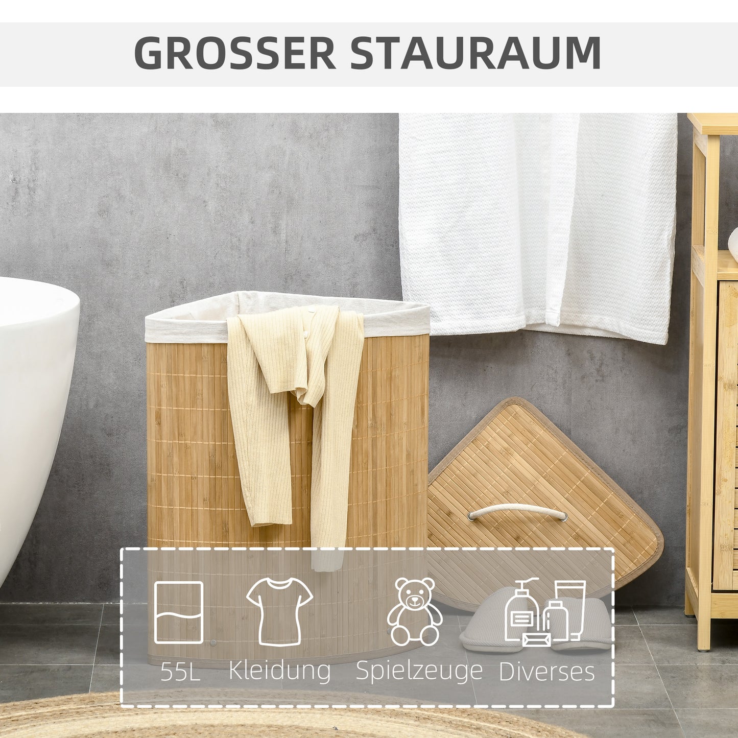 HOMCOM 55 L Wäschekorb mit Deckel, Griff, Wäschesortierer mit herausnehmbarem Wäschesack für Badezimmer, Bambus, Natur