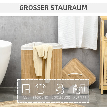 HOMCOM 55 L Wäschekorb mit Deckel, Griff, Wäschesortierer mit herausnehmbarem Wäschesack für Badezimmer, Bambus, Natur