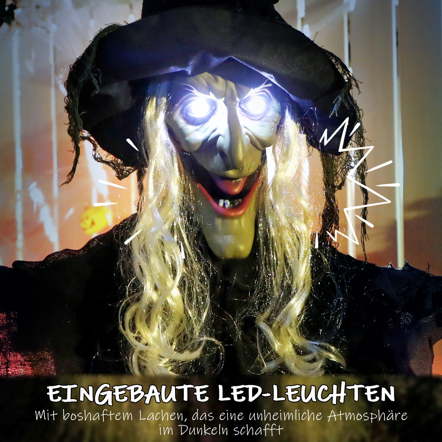 Outsunny 183cm Halloween Dekoration Hängende Halloween Hexe mit LED-Lichter, Soundfunktion verstellbare Arme, Mund
