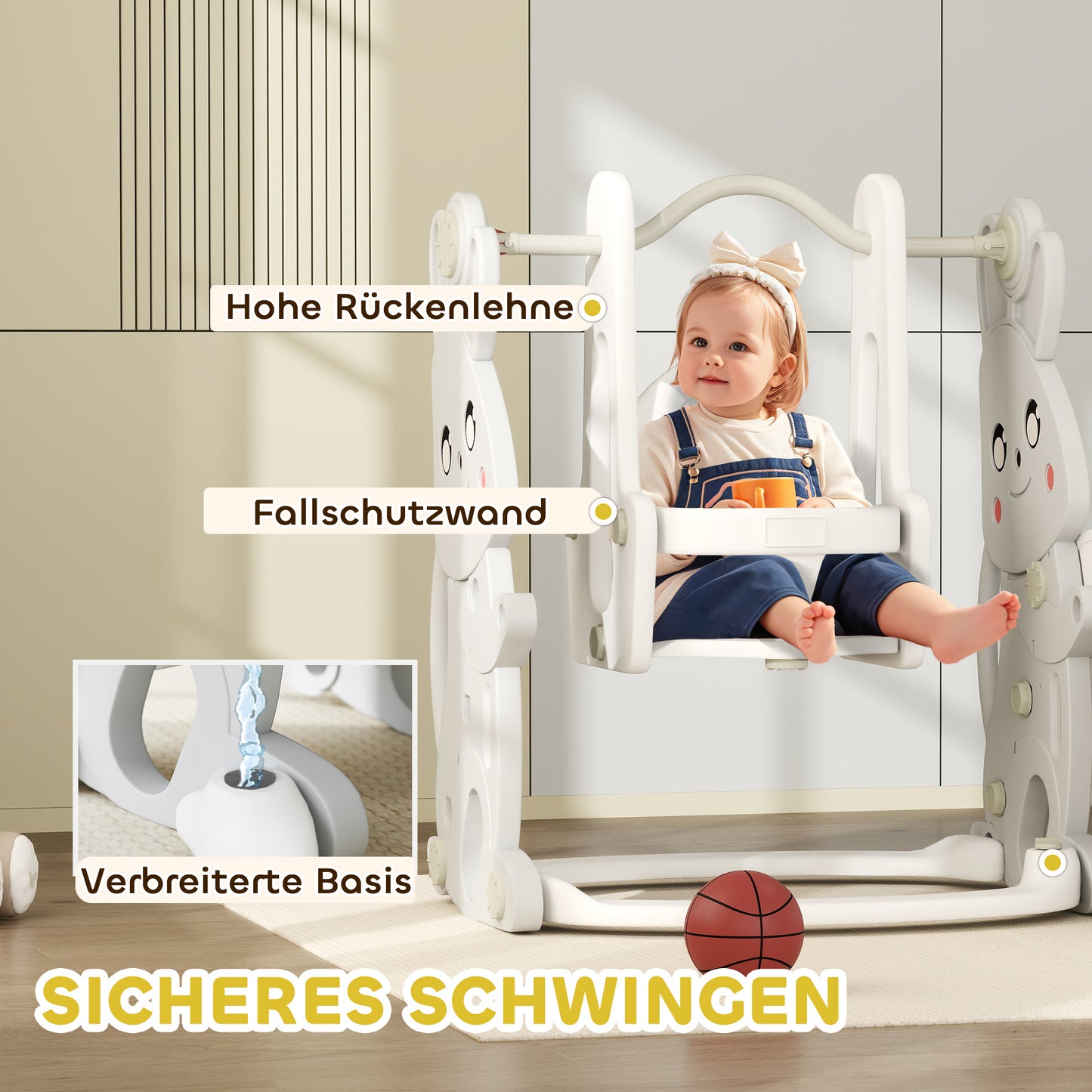 AIYAPLAY 4-in-1 Spielset für Kleinkinder, Rutsche, Schaukel, Klettergerüst, Basketballkorb, Kunststoff, Hasendesign, Grau
