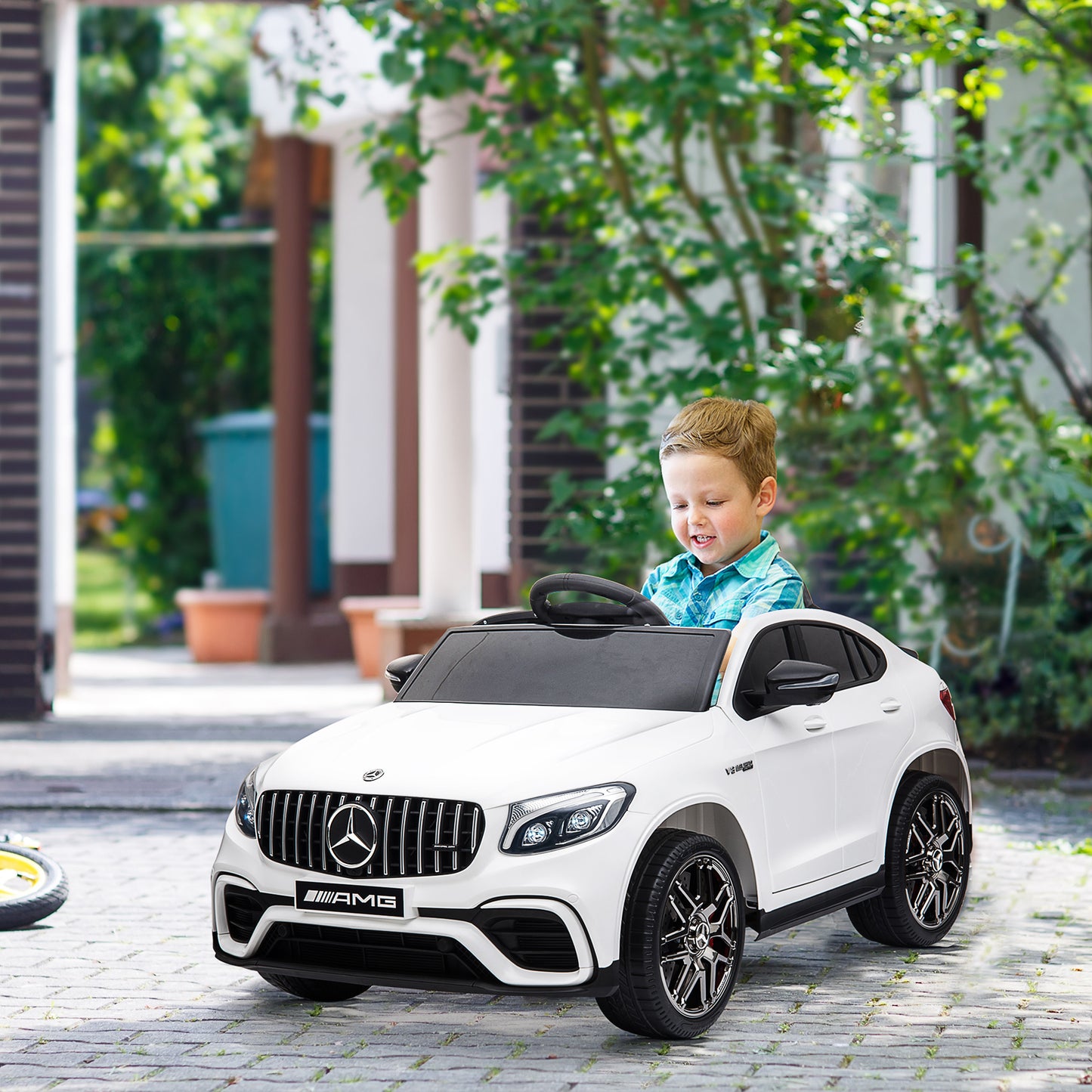 HOMCOM Kinderfahrzeug 12V Mercedes-Benz AMG GLC63S COUPE lizenzierter Elektroauto mit Fernbedienung Sicherheitsgurt 2 x 35W Motoren MP337-60 Monate Weiß 115 x 70 x 55 cm