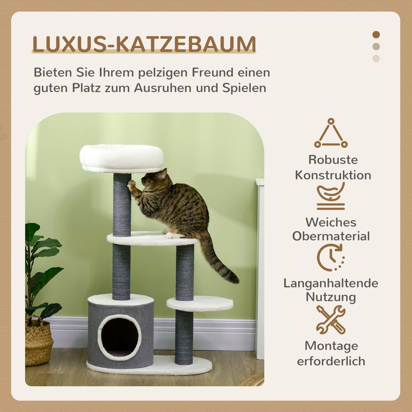 PawHut Kratzbaum mit 1 Katzenhöhle, 1 Katzenbett, 2 Plattformen, Jute-Seilspfosten, Weiß + Grau
