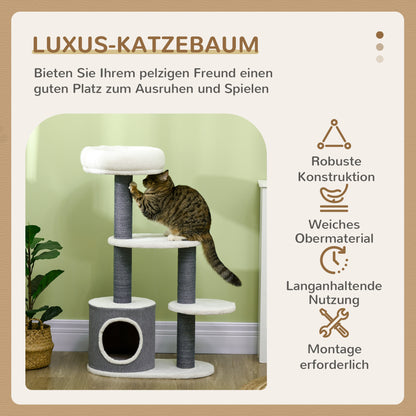 PawHut Kratzbaum mit 1 Katzenhöhle, 1 Katzenbett, 2 Plattformen, Jute-Seilspfosten, Weiß + Grau