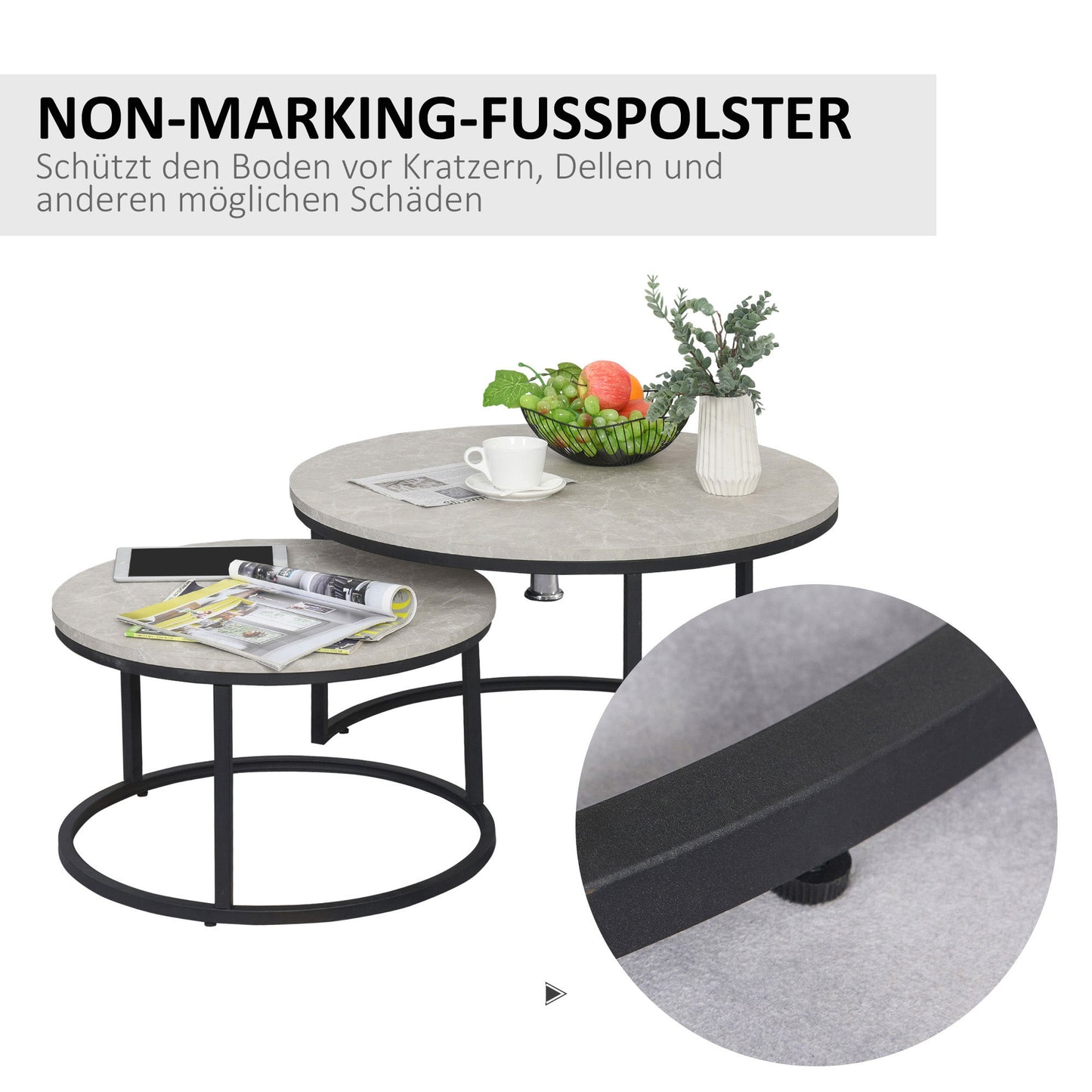 HOMCOM Couchtisch-Set, 2 runde Satztische, Industriedesign, Metallgestell, Betonoptik/Schwarz