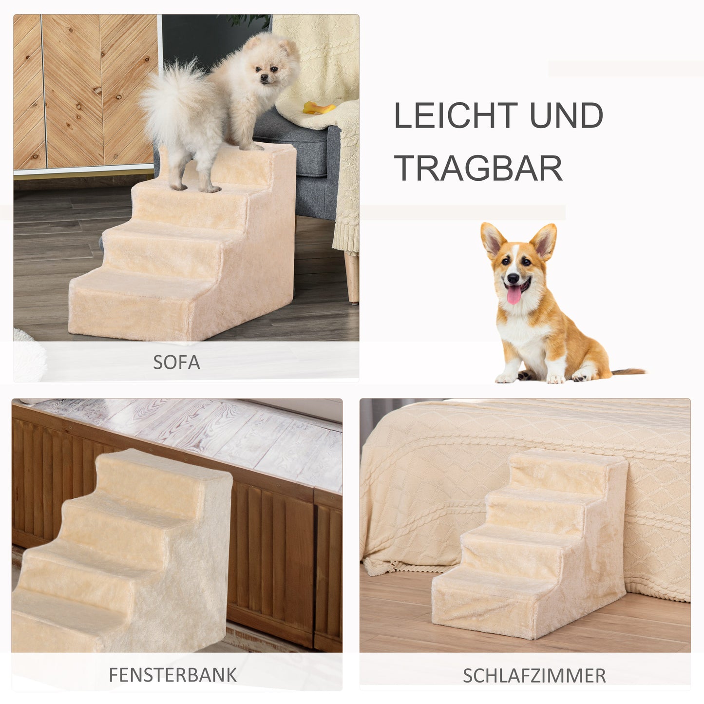 PawHut Hundetreppe 4-stufig, 35 cm Katzentreppe für Bett und Sofa, Haustiertreppe für Hunde und Katzen bis 5 kg, Plüschoptik, Beige