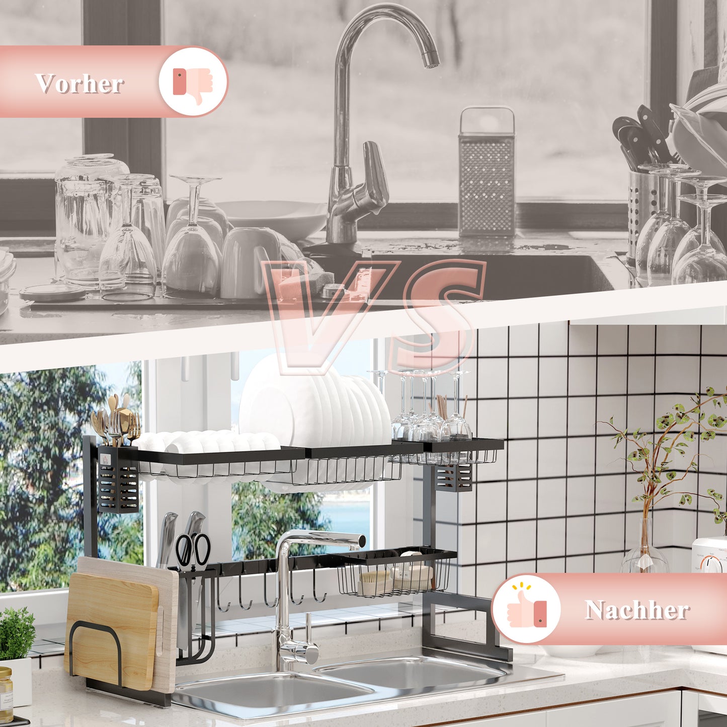 HOMCOM Geschirrkorb, Modularer Geschirrhalter aus Metall, bis zu 23 kg belastbar, Schwarz