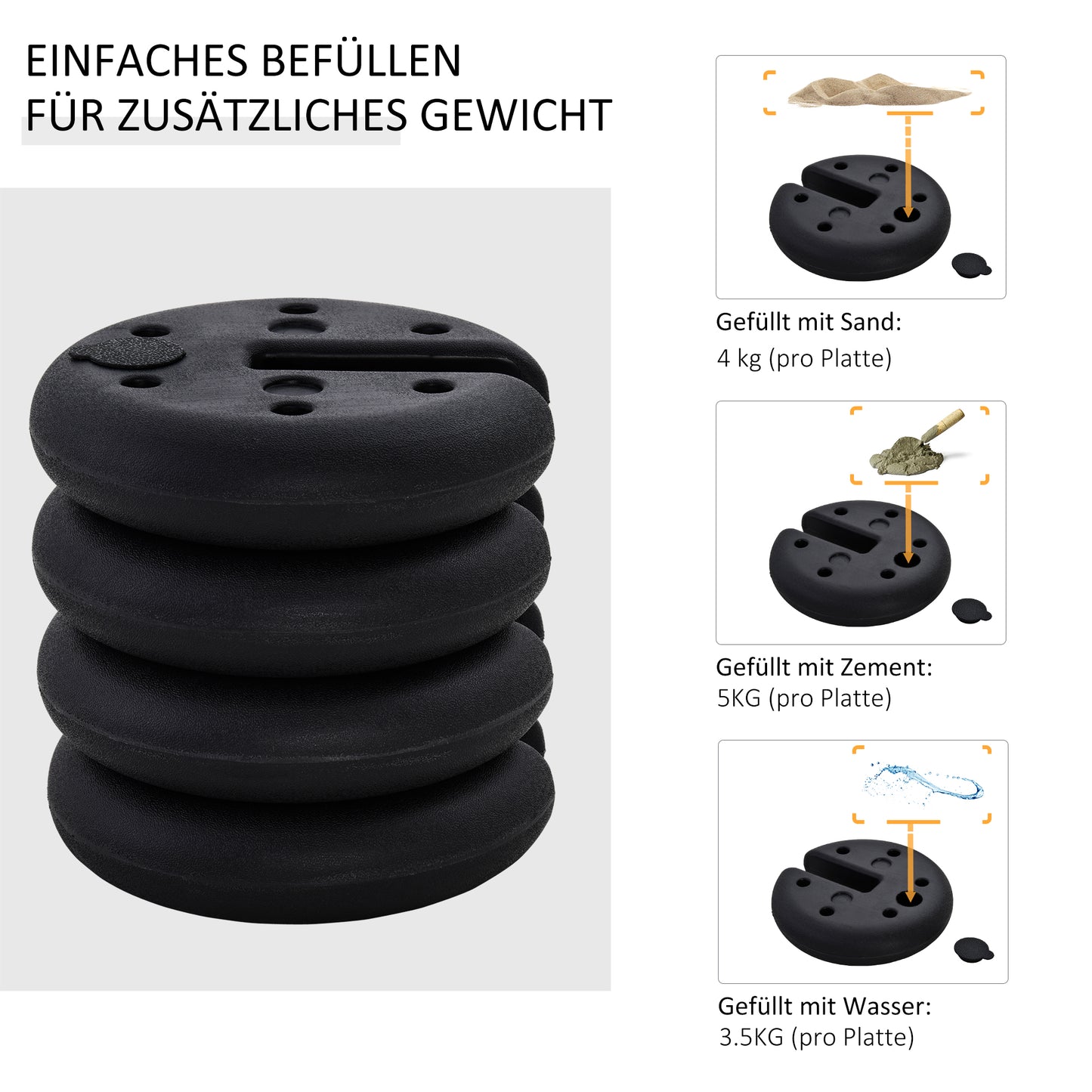 Outsunny Pavillon Standfuß 4 Stk. Gewicht Partyzelt Pavillonvikt befüllbar till 5 kg Gewichte für Pavillon Beschwerer für Pavillons Ø25 x 6 cm Schwarz