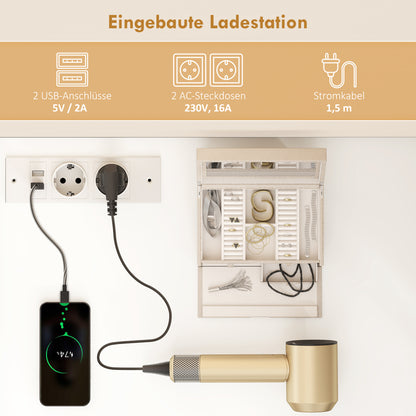 HOMCOM Schminktisch mit verstellbarem LED-Spiegel, Steckdosen, 6 Schubladen, 2 offene Regale, Weiß