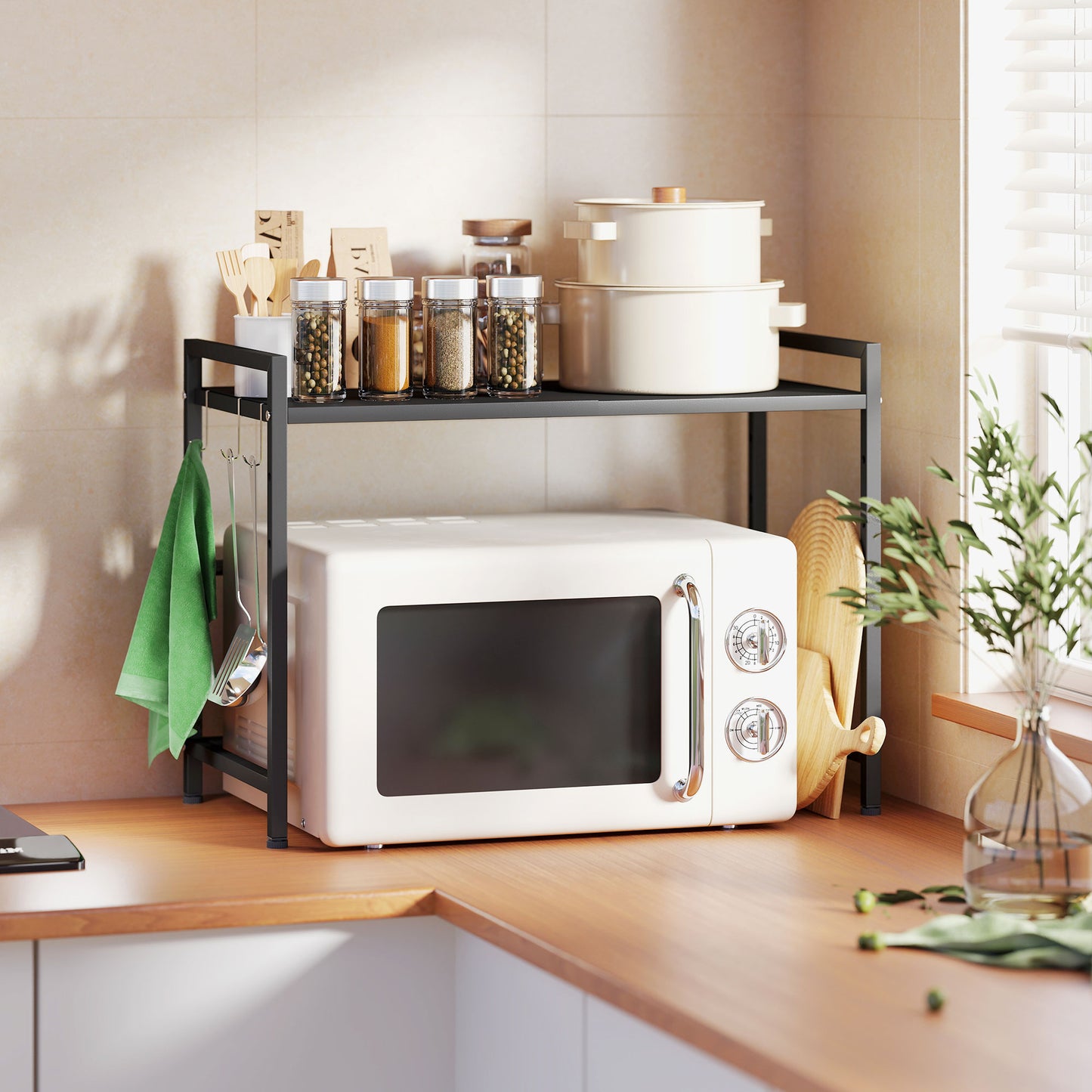 HOMCOM Mikrowellenregal, 3 Haken, ausziehbar, Metall, 40 cm hoch, Schwarz