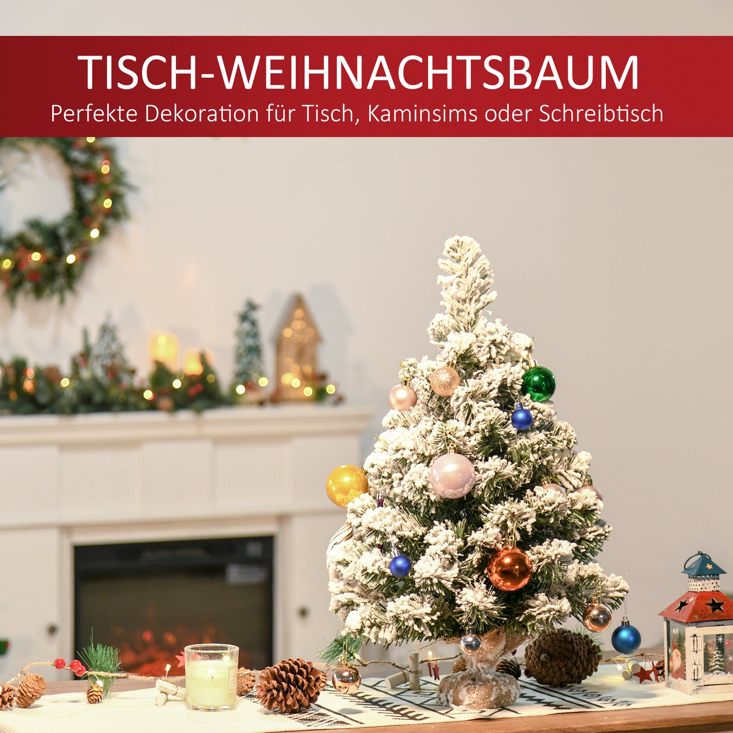 HOMCOM Mini Künstlicher Weihnachtsbaum 60 cm Tannenbaum künstlich mit Schnee, 67 Spitzen Zementbasis für drinnen Büro