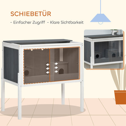 PawHut Hamsterkäfig, 3000 cm² Zwerghamsterkäfig aus Holz und Metall, mit 2 Hütten, Acrylschiebetüren, stabil, sicher, Grau+Weiß