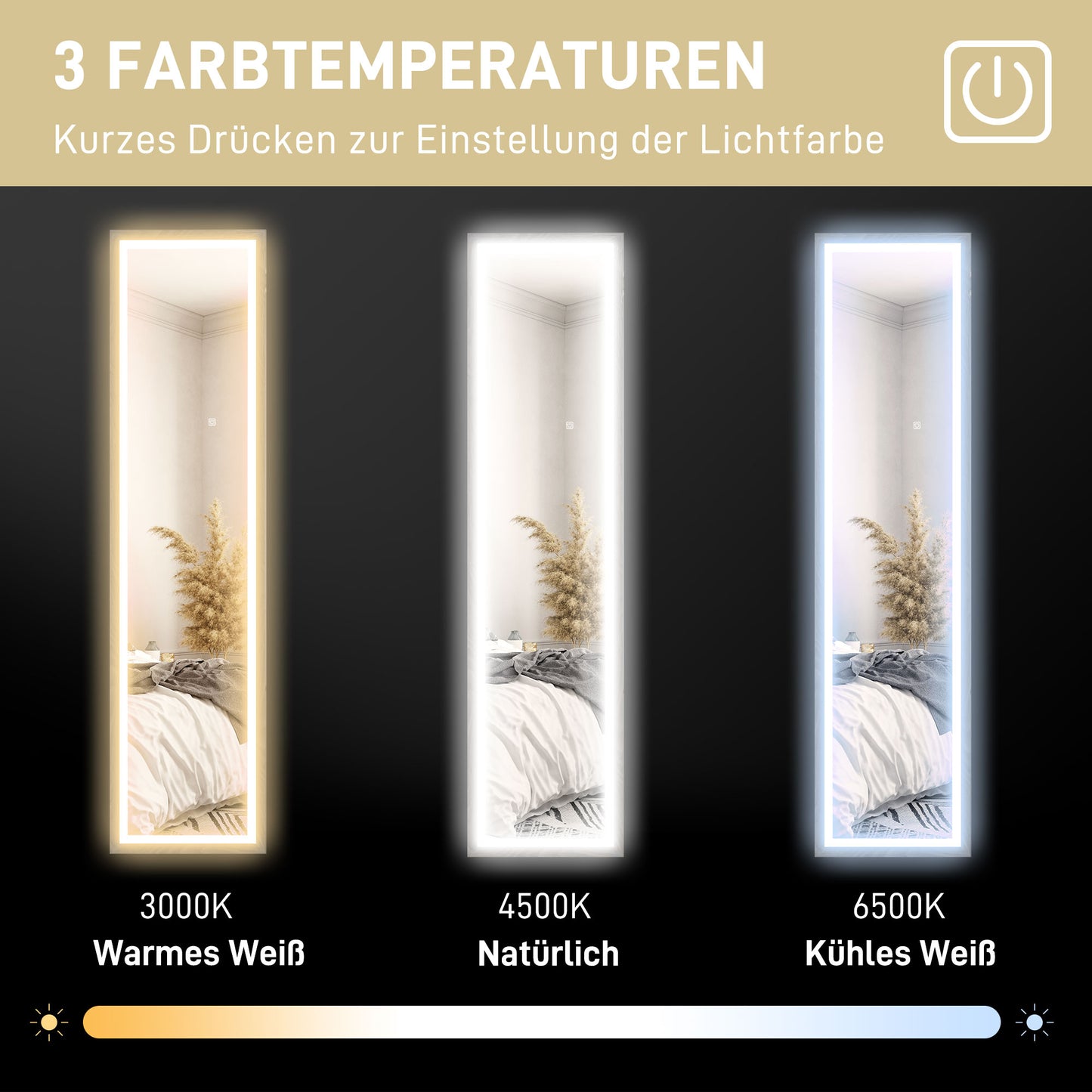 HOMCOM LED Ganzkörperspiegel, 40 x 160 cm, Touch-Steuerung, dimmbar, 3 Farben, Grau