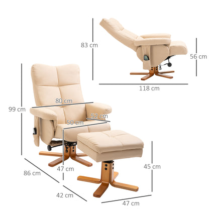 HOMCOM Relaxsessel Massagesessel mit Fußhocker Stauraum Liegefunktion Fernsehsessel mit Massagefunktion TV Sessel 145°-Neigung Polyester Cremeweiß 80 x 86 x 99 cm