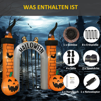Outsunny Aufblasbarer Halloween-Torbogen, Kürbis-Design, LEDs, Heringe, Polyester