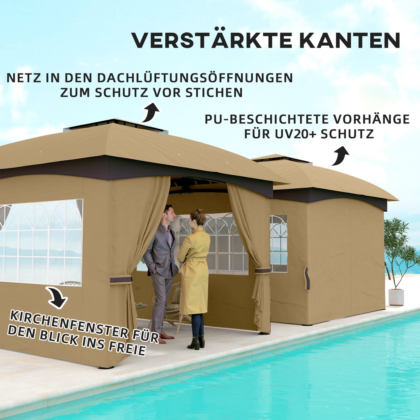 Outsunny 3,4 x 3,4 m Gartenpavillon, Bierzelt mit Lüftungsdach, Bogenfenstern, Stahlgestell, Beige