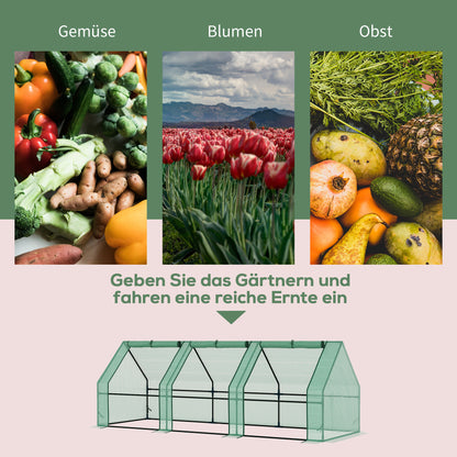 Outsunny Gewächshaus mit 3 Rollfenster, PE-Gitterfolie, Foliengewächshaus aus Stahl, Treibhaus für Balkon, Garten, Tomatenhaus 270x90x90cm, Tomatengewächshaus für Gemüse, Blumen, Pflanzen, Grün