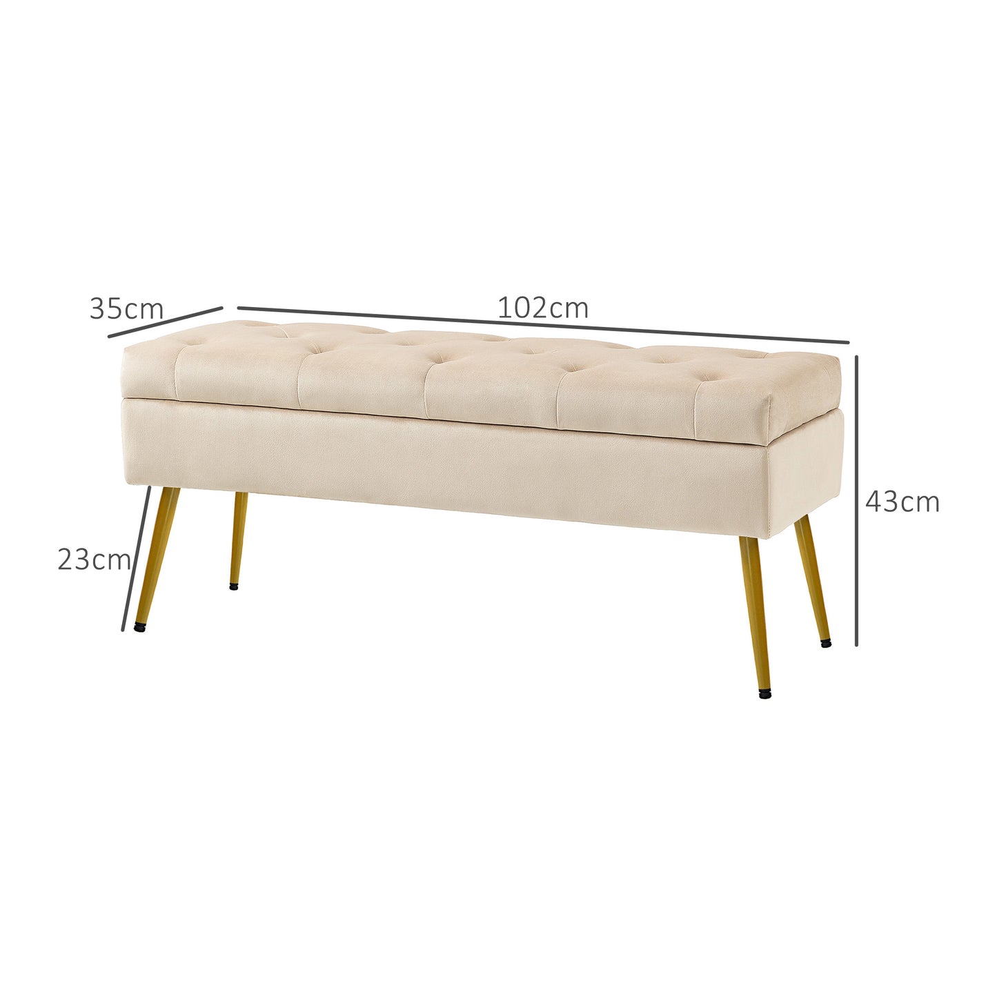 HOMCOM Stauraum-Sitzbank in Samtoptik, gepolsterter Fußhocker mit getuftetem Design, Metallrahmen, 102 x 35 x 43 cm, Beige