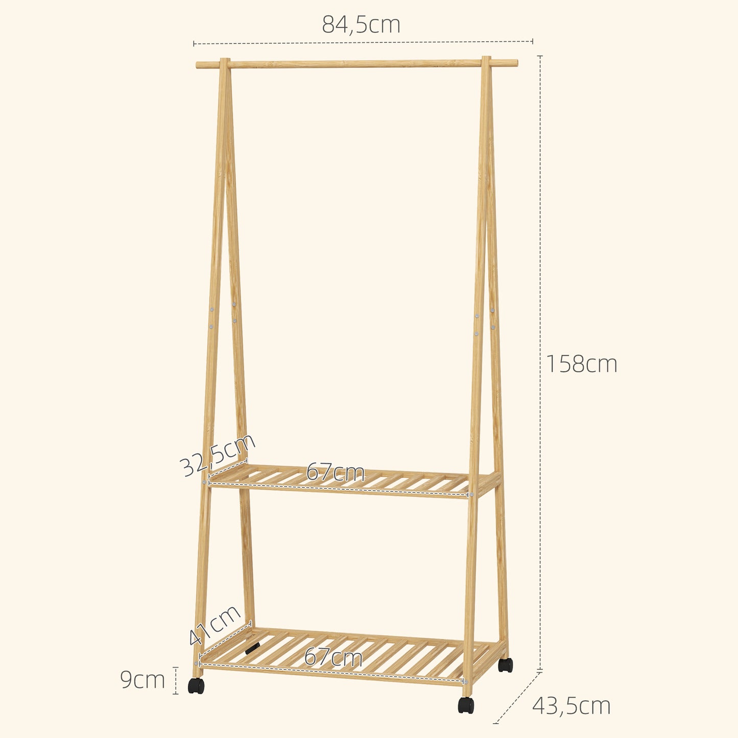 HOMCOM Kleiderständer, 2 untere Regale, 67 cm lange Kleiderstange, Bambusholz, Rollen