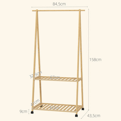 HOMCOM Kleiderständer, 2 untere Regale, 67 cm lange Kleiderstange, Bambusholz, Rollen