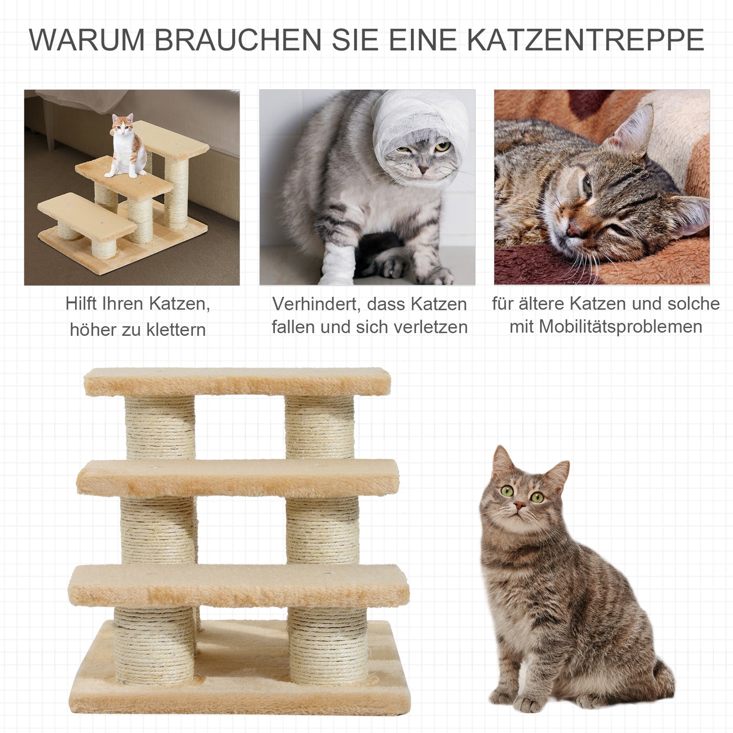 PawHut Tiertreppe Katzentreppe Hundetreppe 3 Stufen Treppe für Katze und Hunde Plüsch Creme 45 x 35 x 34 cm