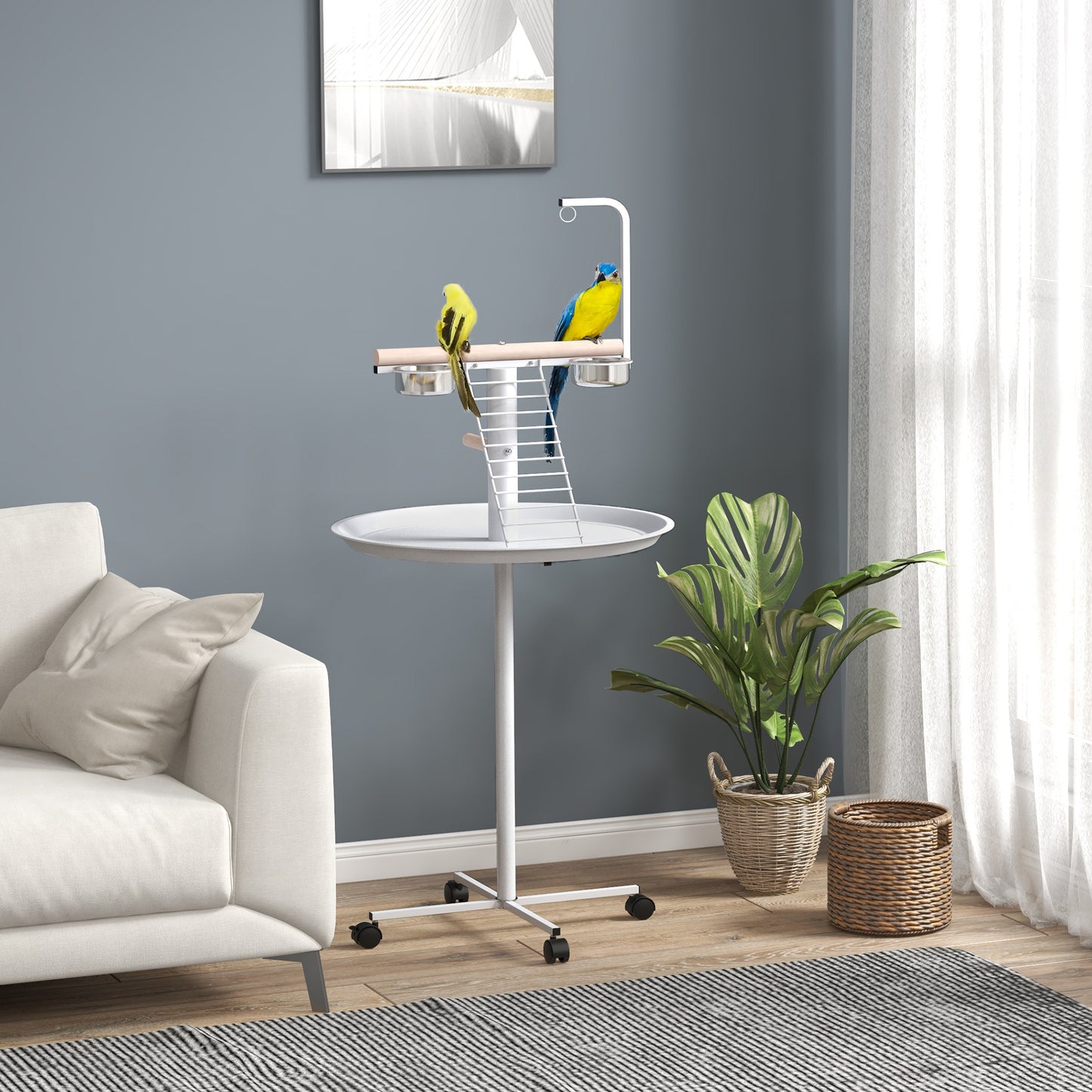PawHut Anflugstange Freisitz für Papageien Sitzstange, 1 Leiter, 1 Schaukel, Futternäpfe, 60 x 60 x 138 cm, Weiß + Natur