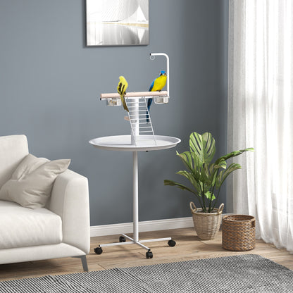 PawHut Anflugstange Freisitz für Papageien Sitzstange, 1 Leiter, 1 Schaukel, Futternäpfe, 60 x 60 x 138 cm, Weiß + Natur