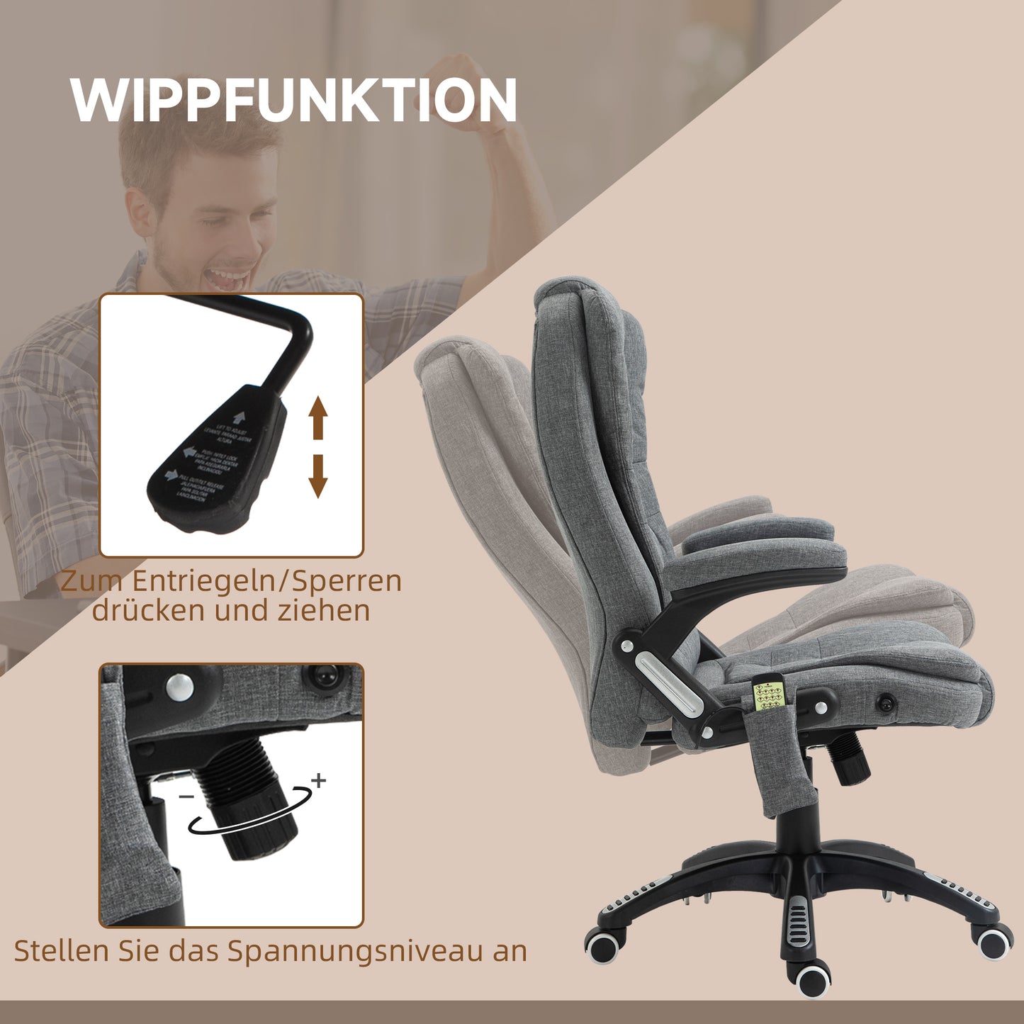 Vinsetto Bürostuhl Massagesessel mit Wärmefunktion, Ergonomischer Chefsessel, Höhenverstellbarer Drehstuhl, Gamingstuhl mit Massage, Dunkelgrau, 68 x 72 x 110–120 cm
