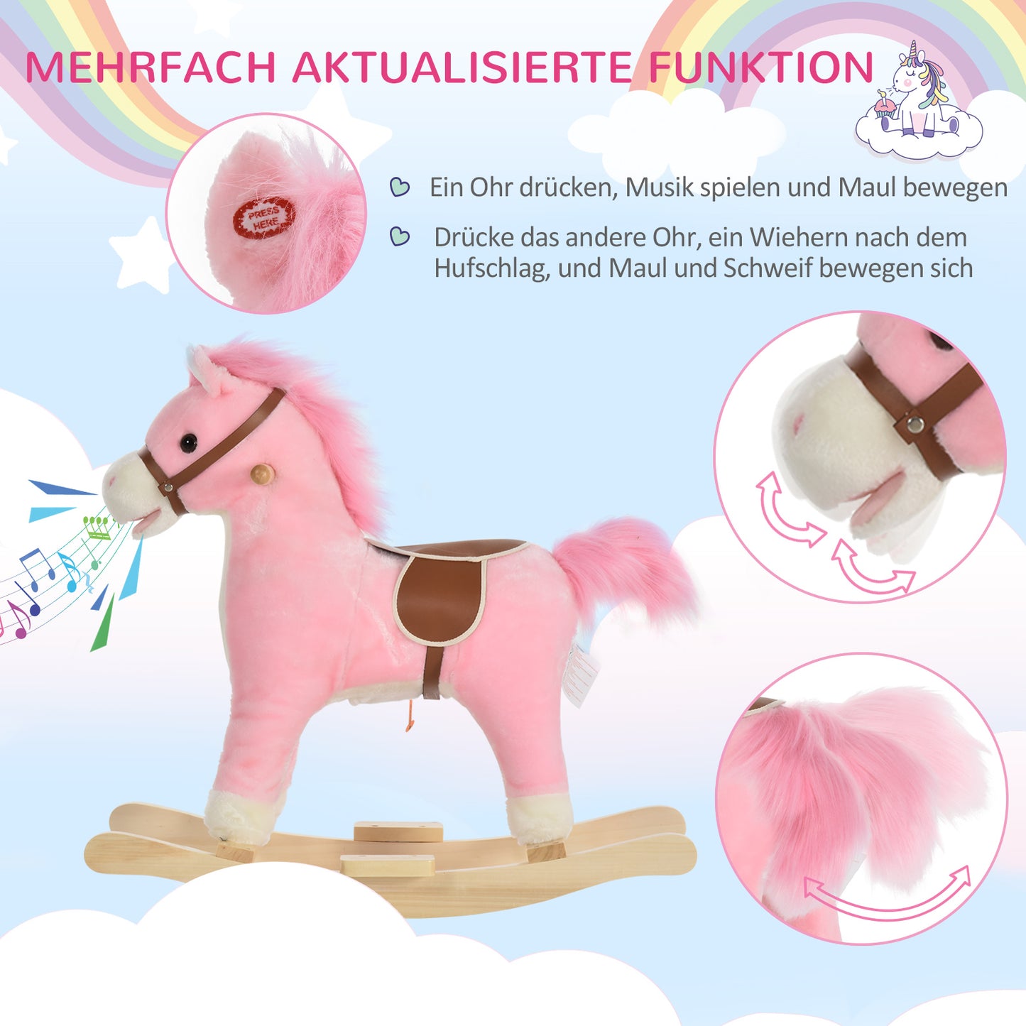 HOMCOM Kinder Schaukelpferd Baby Schaukeltier Pferd mit Tiergeräusche Spielzeug Haltegriffe für 36-72 Monate Plüsch Rosa 65 x 32,5 x 61 cm