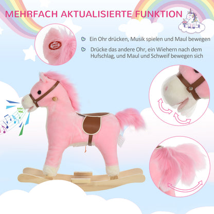 HOMCOM Kinder Schaukelpferd Baby Schaukeltier Pferd mit Tiergeräusche Spielzeug Haltegriffe für 36-72 Monate Plüsch Rosa 65 x 32,5 x 61 cm