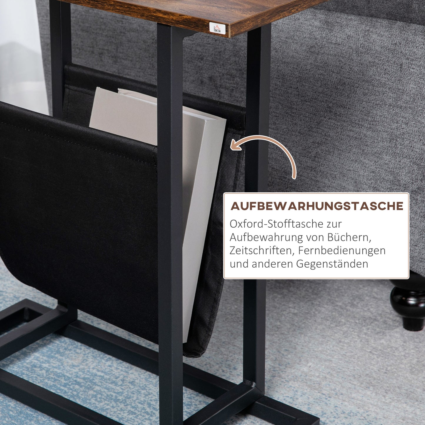 HOMCOM Beistelltisch, Nachttisch, schmales Design, mit Stofftasche, Stahl, dunkelbraun+schwarz, 49 x 19 x 55cm