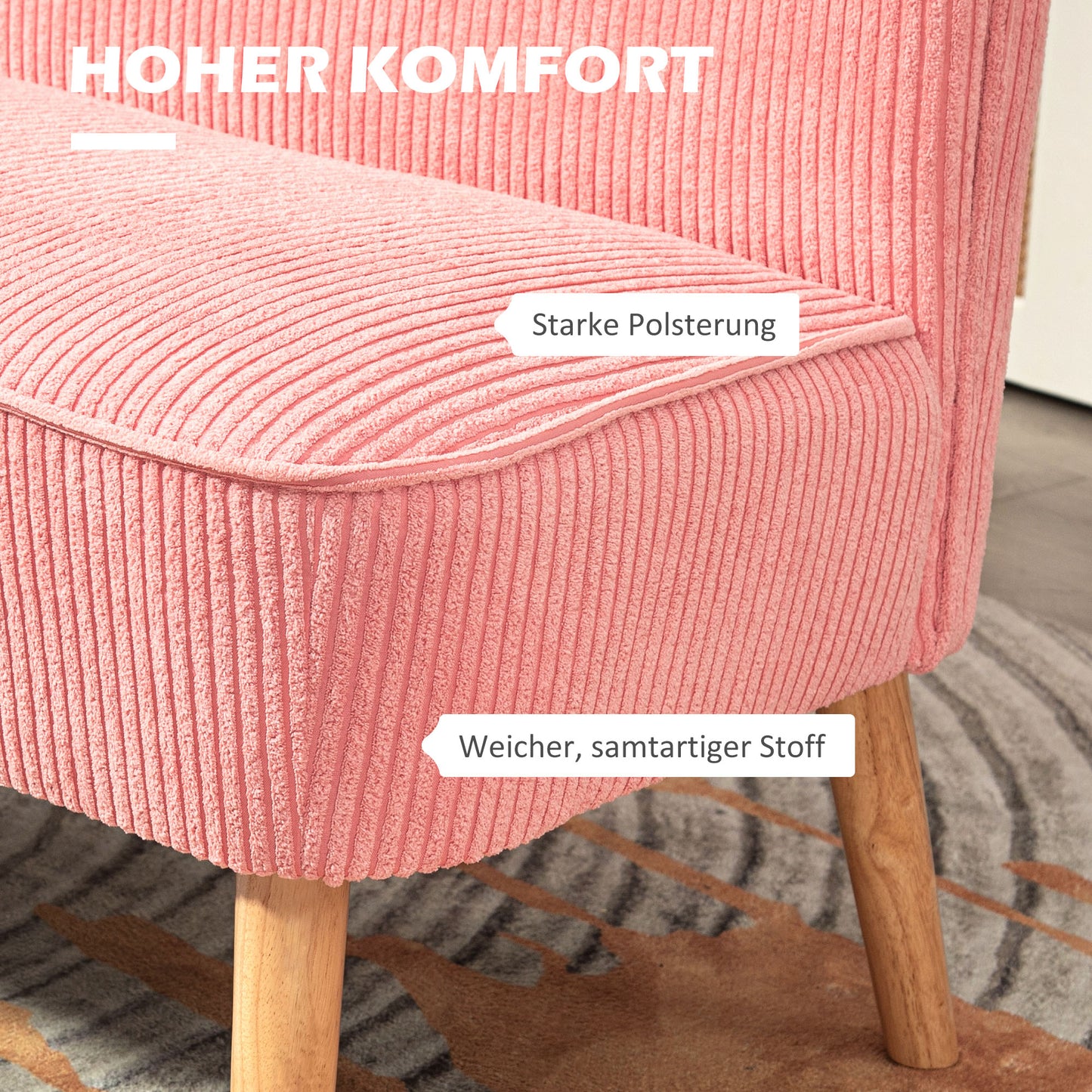 HOMCOM Zweisitzer-Sofa, elegantes Skandi Design, massiver Holzrahmen, bis 150 kg, 117 x 56,5 x 77 cm, Rosa