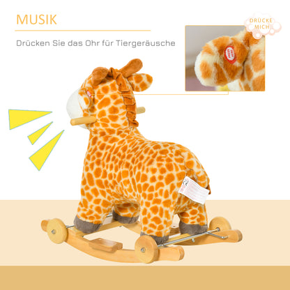 HOMCOM 2-IN-1 Schaukeltier Giraffen mit Sound Effekt, Räder , Haltegriffen Plüsch Baby Schaukelspielzeug Schaukel Schaukelsitz für Kleinkinder 3-6 Jahre