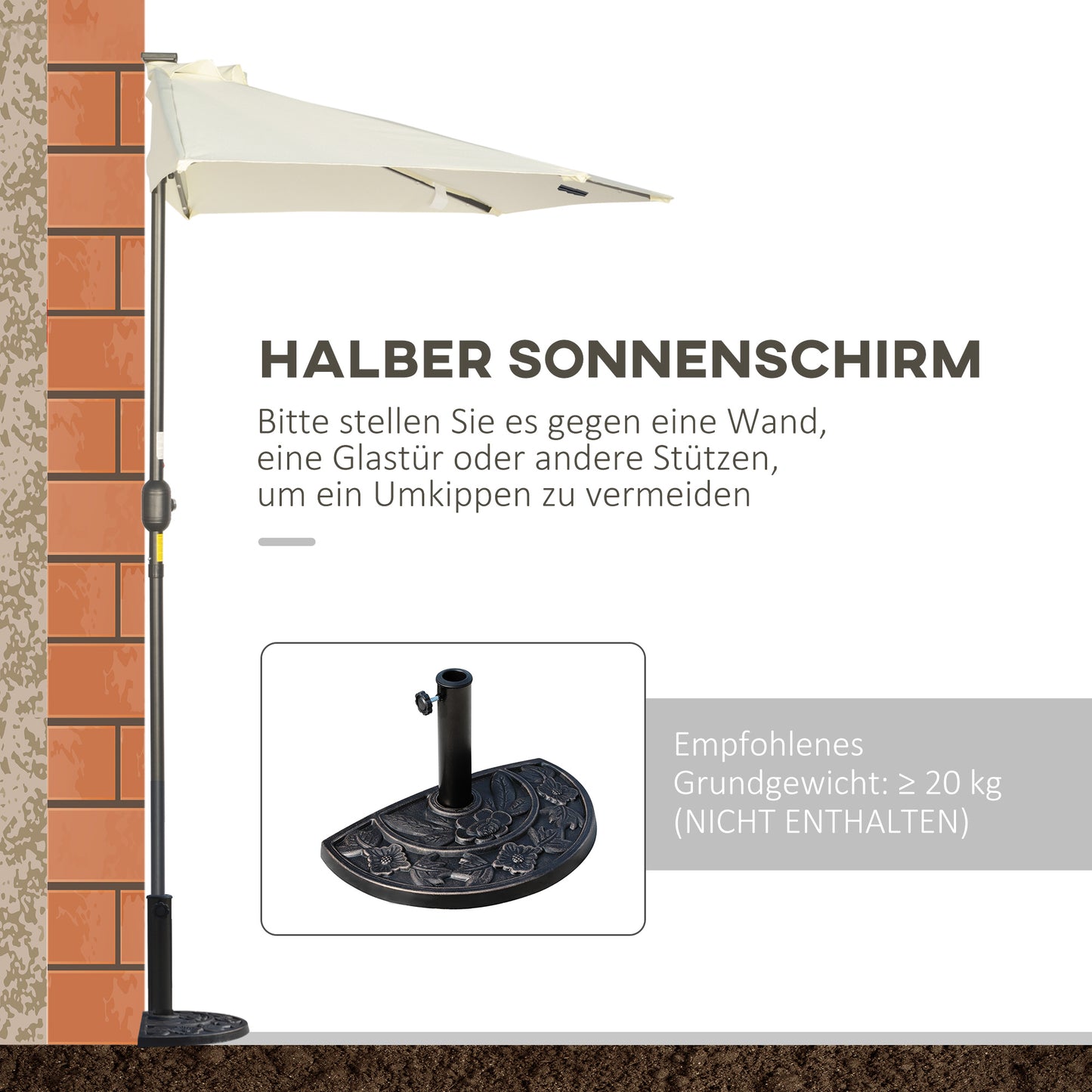 Outsunny Sonnenschirm, Terrassenschirm, halbrund, mit Solarpanel, 20 lysdioder, Handkurbel, beige, 2,70 x 1,35 x 2,40 m
