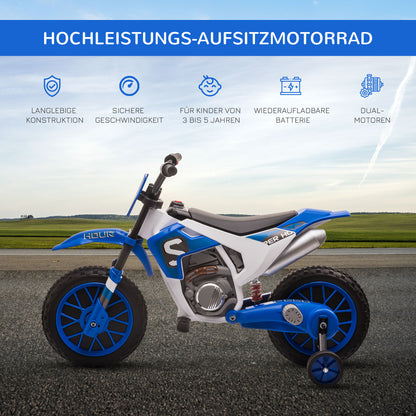 HOMCOM Kindermotorrad, Elektromotorrad, 45 Min Fahrzeit, mit Stützrädern, ab 3 Jahren, blau+weiß, 106,5 x 51,5 x 68cm