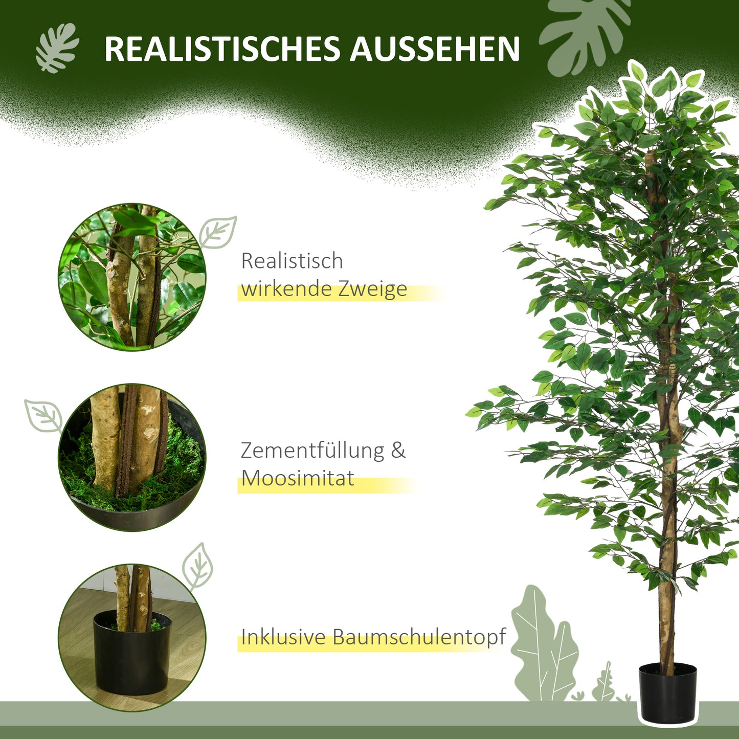 HOMCOM Künstlicher Ficus-Baum, realistisch, pflegeleicht, inkl. Topf, 180 cm hoch, Grün