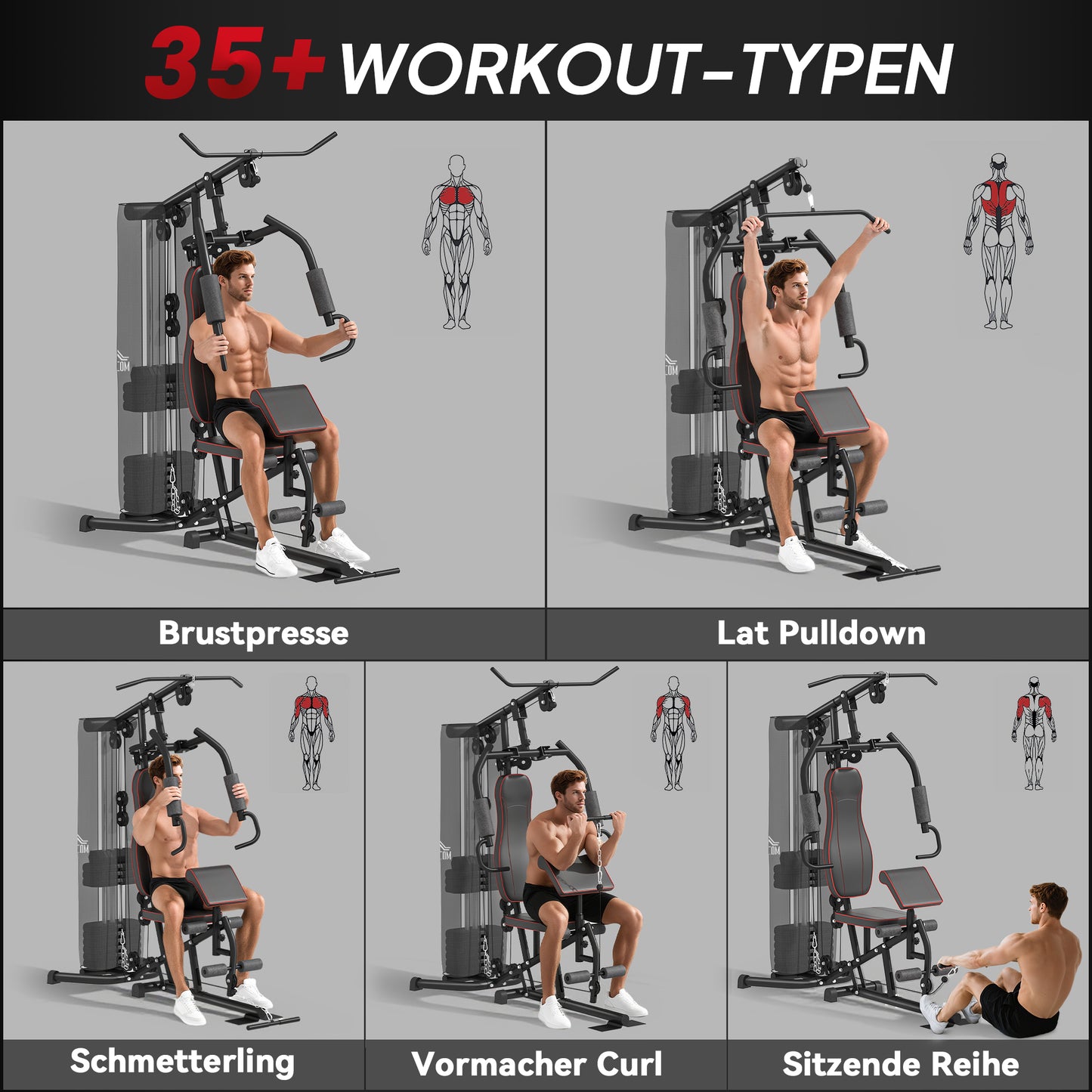 HOMCOM Heimtrainer, Trainingsstation, Hantelbank, Brustpresse, Stahl, 170x104x205 cm, Schwarz