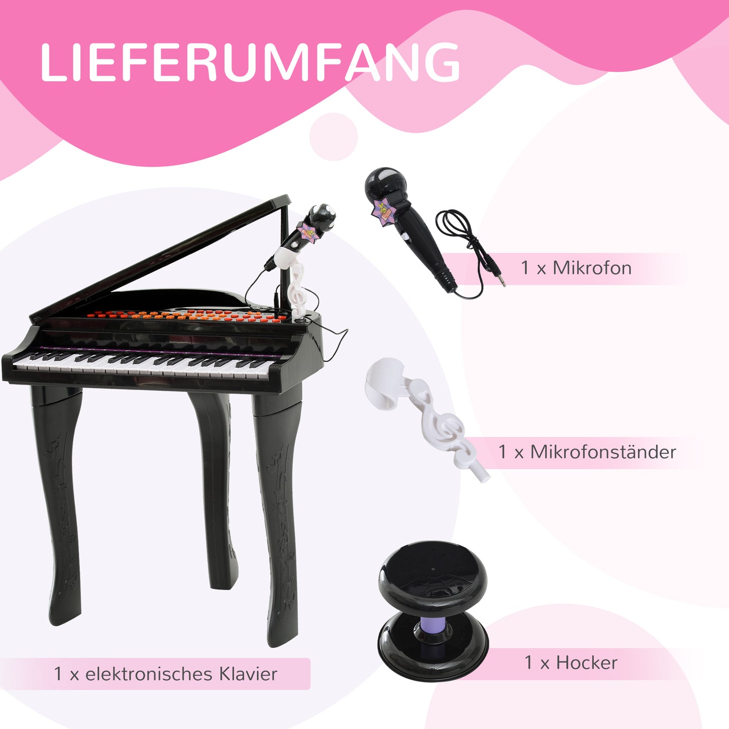 HOMCOM Keyboard Kinder mit 37 Tasten, Hocker Klavier mit Mikrofon, LED-Lehrmodus, Aufnahme, Piano Musikinstrument für 3-6 Jahre Kinder Schwarz