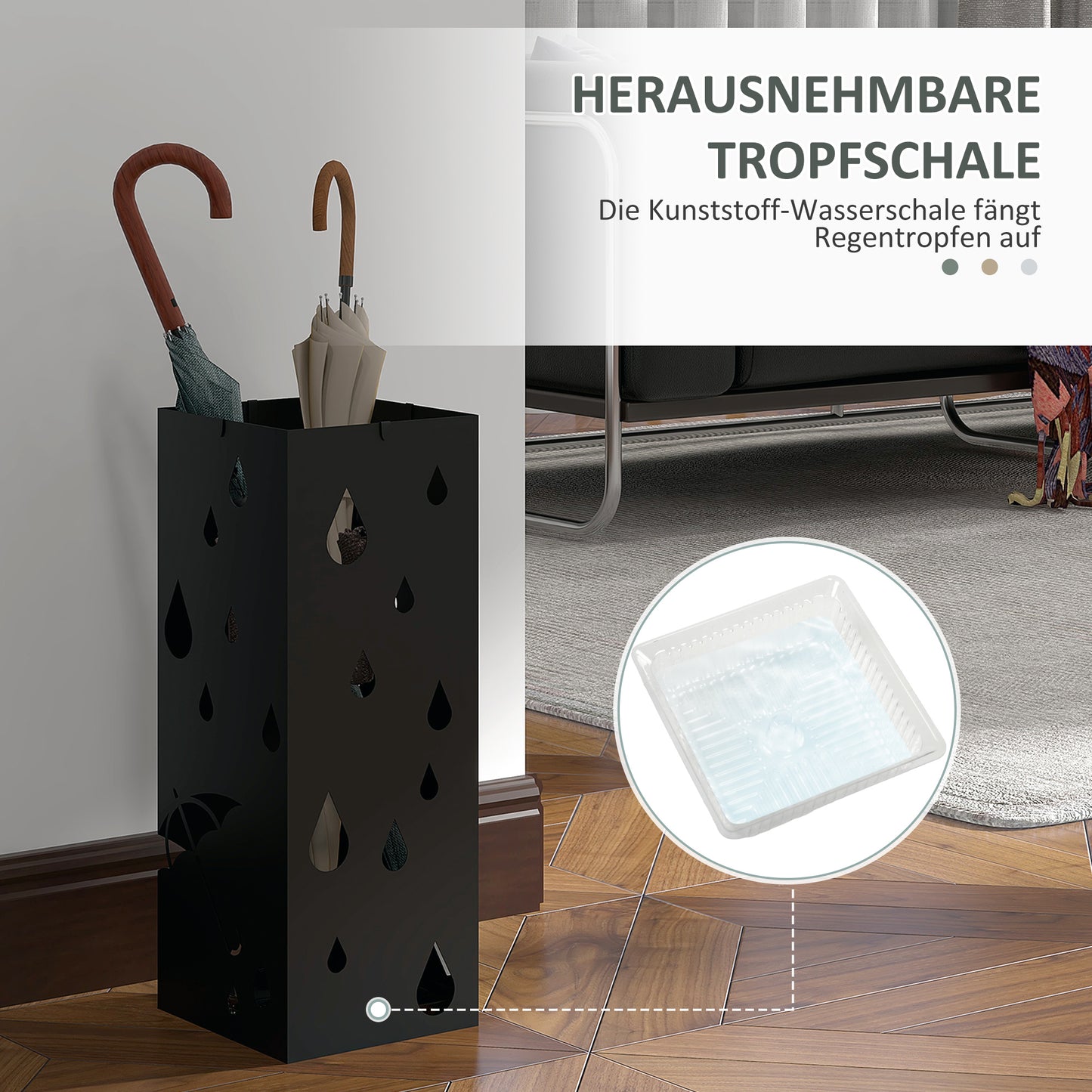 HOMCOM Schirmständer, 4 Haken, Tropfschale, Stahl, Schwarz