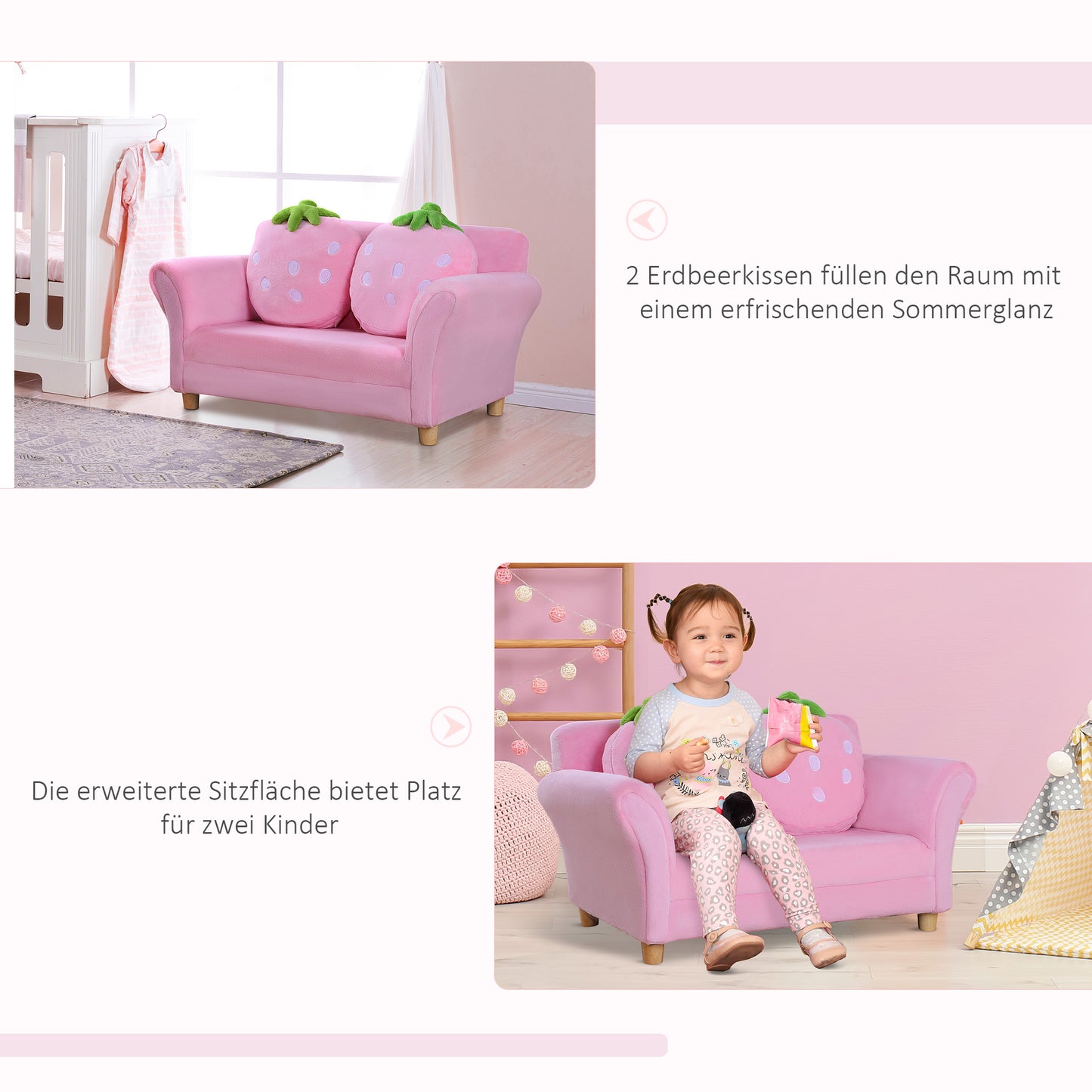 HOMCOM Kindersessel Kindersofa mit Korallenvlies-Optik, massiven Holzfüßen Sessel aus Schaumstoff Kinderstuhl für Kinderzimmer, Spielzimmer, 90 x 53 x 48cm, Rosa