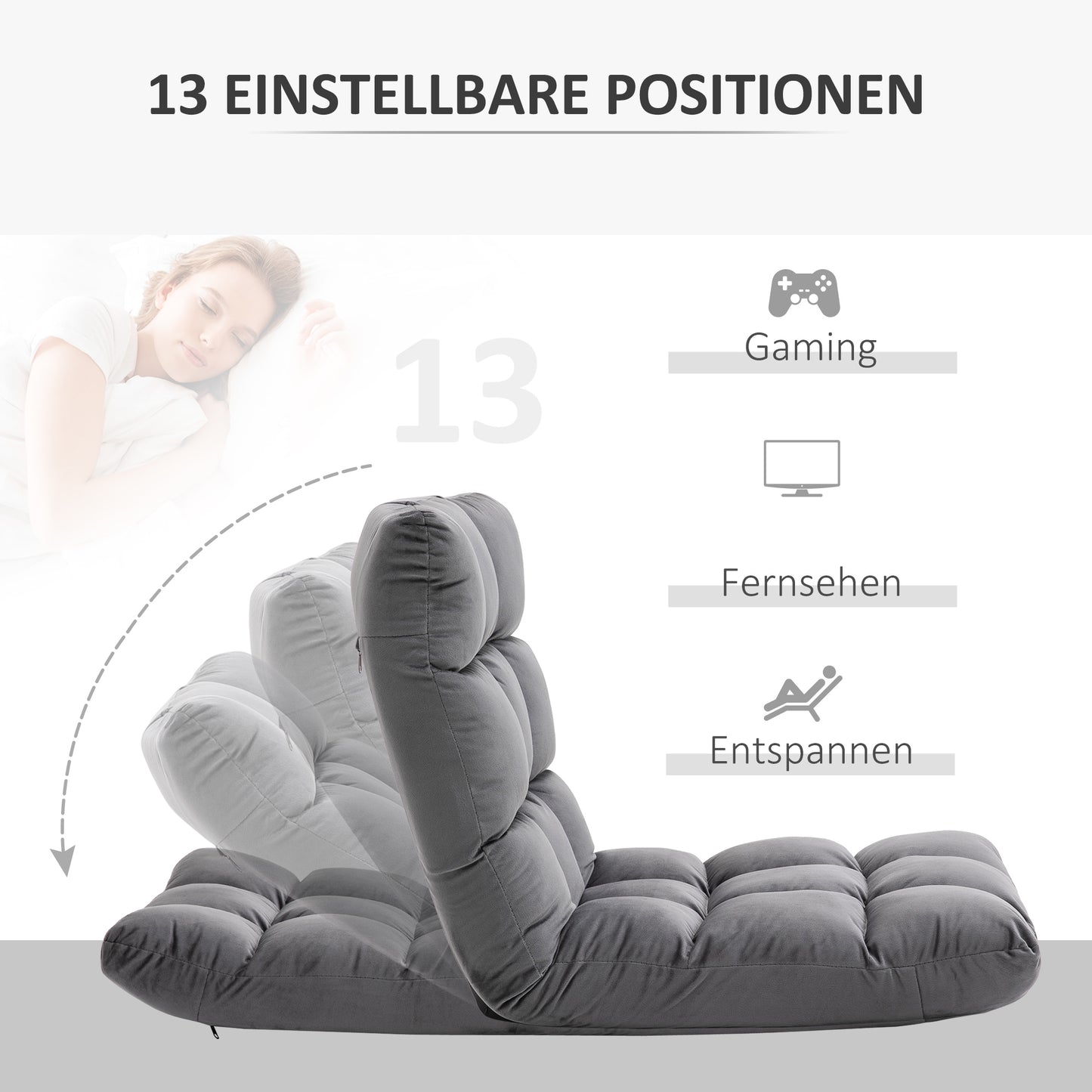 HOMCOM Sessel Gästematratze Bodensessel, verstellbare Rückenlehne, Velouroptik, 55 cm x 71 cm x 53,5 cm, Grau